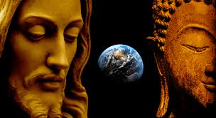 Image of statue of Jesus, distant planet earth and statue of Buddha